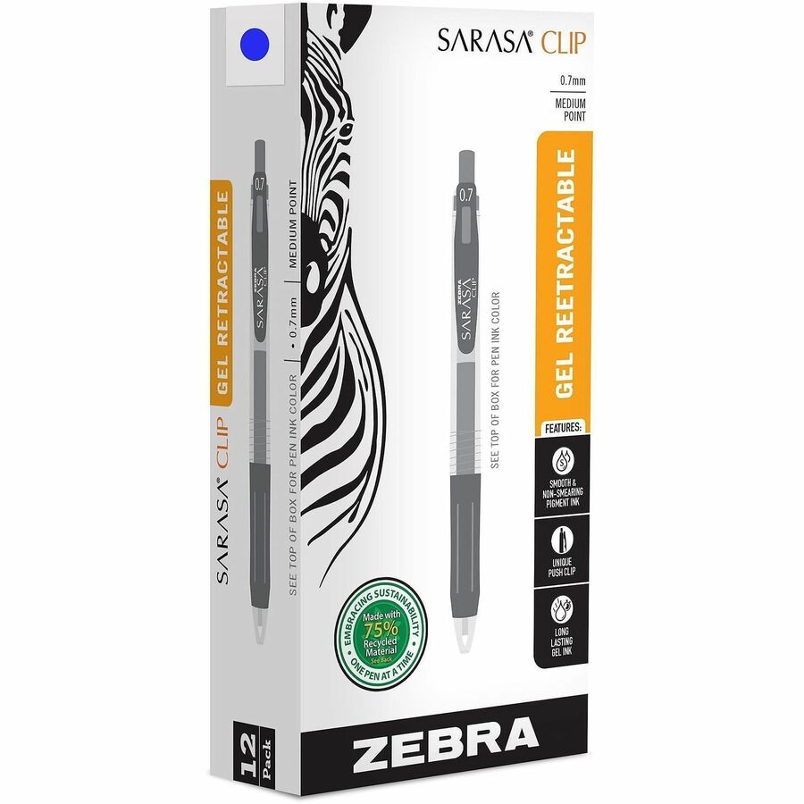 Zebra SARASA Clip Retractable Gel Pen - Retractable - Blue Ink - Water Based, Pigment-based, Gel-based - 1 Dozen