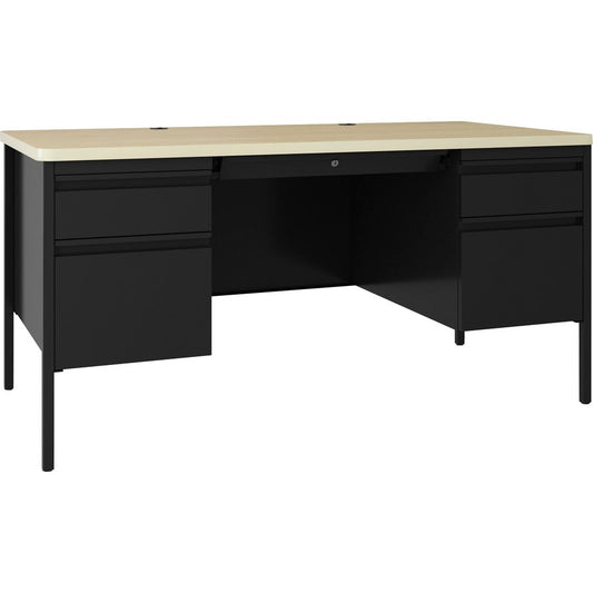 Lorell Fortress Series Double-Pedestal Teachers Desk - 30" Height x 60" Width x 29.5" Depth, 0.7" Height Modesty Panel - Double Pedestal - T-mold Edge - Material: Steel - Finish: Maple, Black - 1 Each