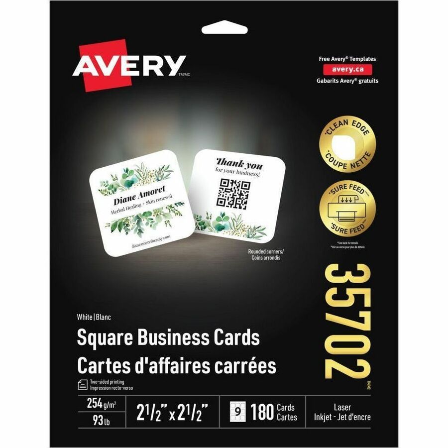 Avery&reg, Square Business Cards with Sure Feed Technology - 2 1/2" x 2 1/2" - 93 lb Basis Weight - 254 g/m², Grammage - Matte - Rounded Corner, Sturdy, Coated, Durable, Avery Clean Edge Technology, Unperforated - Matte White - 180 / Pack