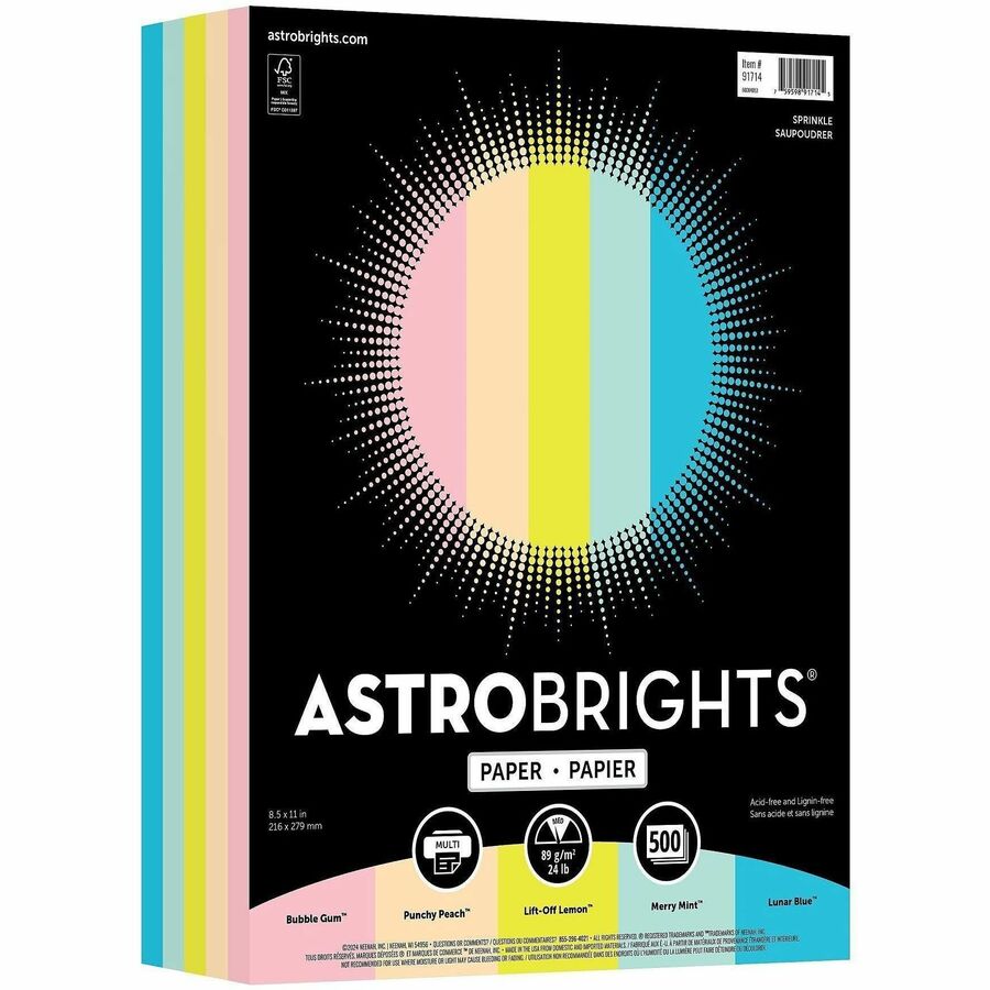 Astrobrights Sprinkle Assortment Copy Paper - Letter - 8 1/2" x 11" - 24 lb Basis Weight - Smooth - Heavyweight, Acid-free, Lignin-free - Bubble Gum, Lunar Blue, Merry Mint, Lift-off Lemon, Punchy Peach - 1 Ream