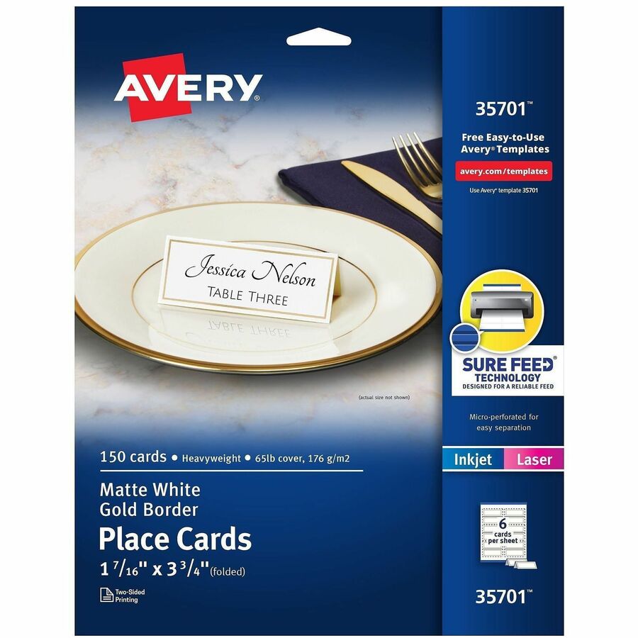 Avery&reg, Place Cards, 1-7/16" x 3-3/4" , Gold Border, 150 Cards (35701) - 97 Brightness - Letter - 8 1/2" x 11" - 65 lb Basis Weight - 176 g/m², Grammage - Matte - Perforated, Print-to-the-edge, Pre-scored, Micro Perforated, Foldable, Smooth Edge...
