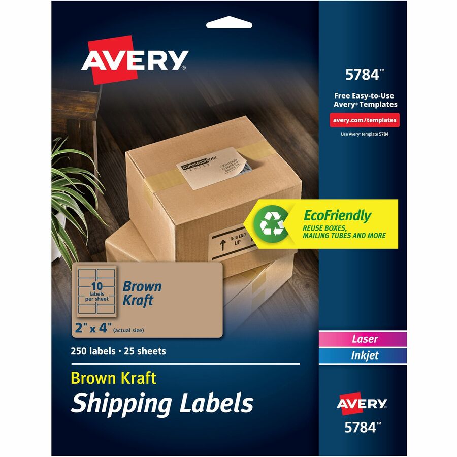Avery&reg, Shipping Labels,, Kraft Brown, 2" x 4" , 250 Labels (5784) - 2" Height x 4" Width - Permanent Adhesive - Rectangle - Laser, Inkjet - Kraft Brown - Paper - 10 / Sheet - 25 Total Sheets - 250 Total Label(s) - 1 Carton