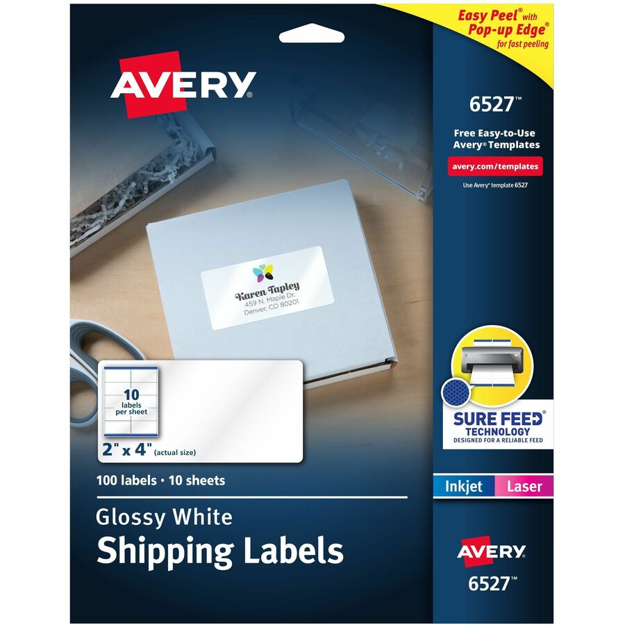 Avery&reg, Shipping Labels, Glossy White, 2" x 4" , 100 Total (6527) - 2" Height x 4" Width - Permanent Adhesive - Rectangle - Laser, Inkjet - Glossy - White - Paper - 10 / Sheet - 10 Total Sheets - 100 Total Label(s) - 1 Carton