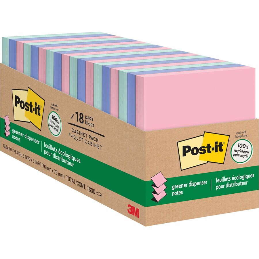 Post-it&reg, Greener Dispenser Notes - 3" Flag/Note Width x 3" Flag/Note Length - Square - 100 Sheets per Pad - Positively Pink, Fresh Mint, Moonstone - Paper - Self-stick, Removable, Recyclable, Pop-up, Residue-free, Eco-friendly - 1 Pack