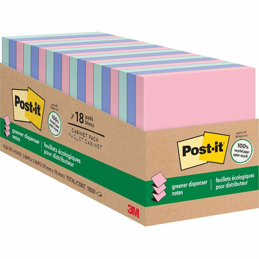 Post-it, Greener Dispenser Notes - 3" Flag/Note Width x 3" Flag/Note Length - Square - 100 Sheets per Pad - Positively Pink, Fresh Mint, Moonstone - Paper - Self-stick, Removable, Recyclable, Pop-up, Residue-free, Eco-friendly - 1 Pack