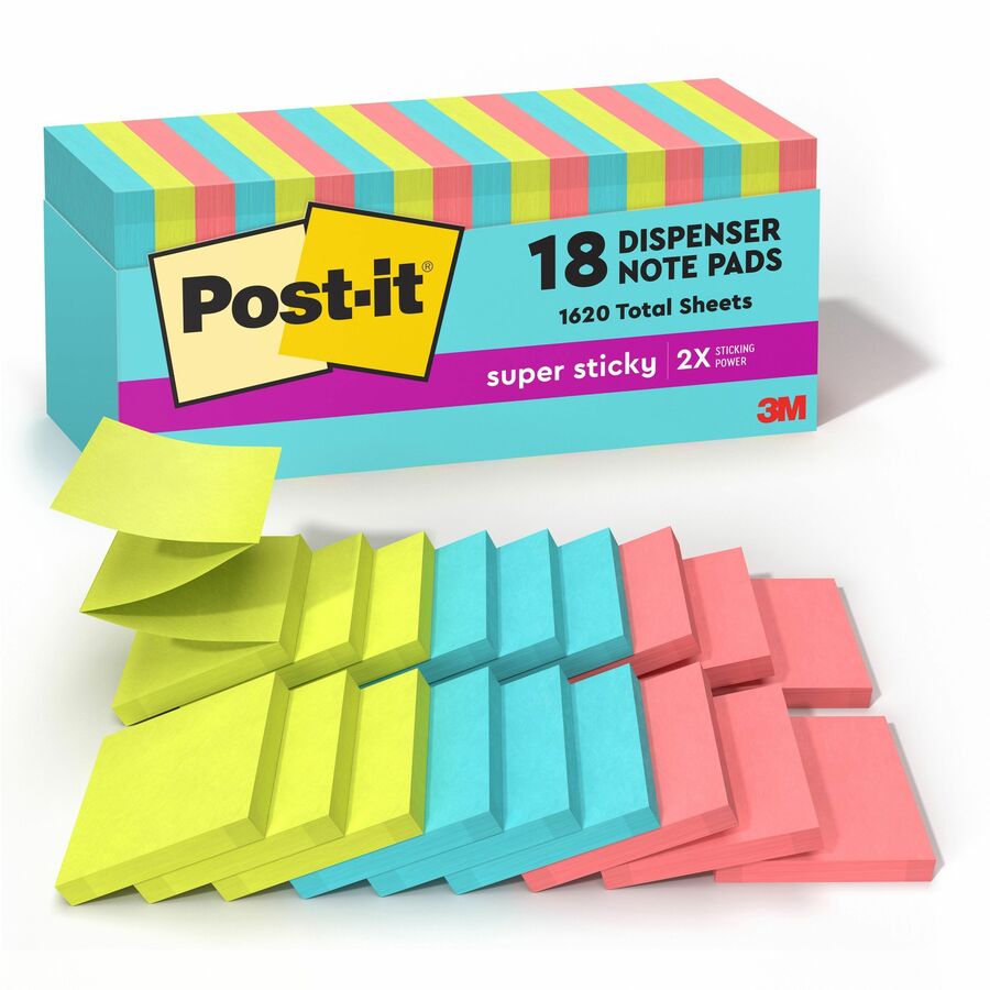 Post-it&reg, Super Sticky Dispenser Notes - Supernova Neons Color Collection - 3" Flag/Note Width x 3" Flag/Note Length - Square - 90 Sheets per Pad - Aqua Splash, Acid Lime, Guava - Paper - Super Sticky, Adhesive, Recyclable, Pop-up, Residue-free - 1...