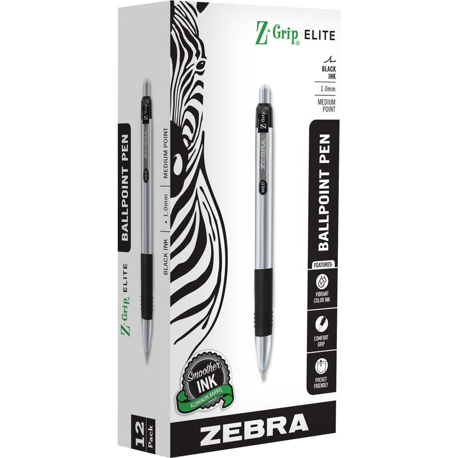 Zebra Z-Grip Elite Metal Retractable Ballpoint Pen - Retractable - Black Ink - Gel-based - 12 / Dozen