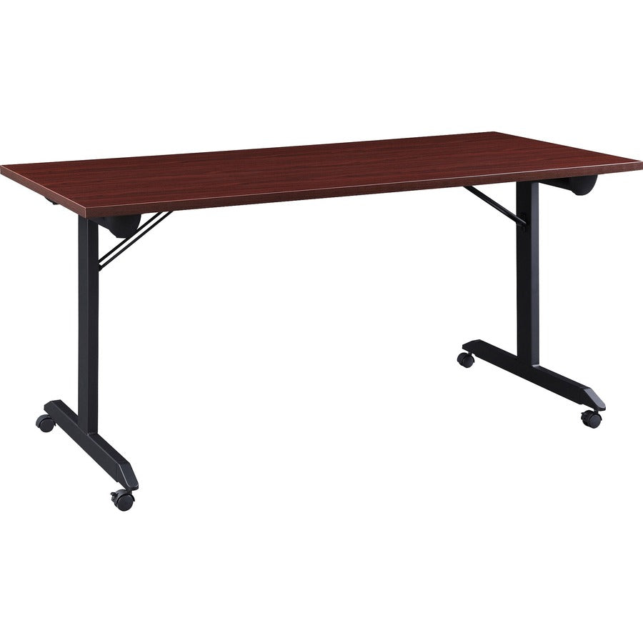 Lorell Mobile Folding Training Table - Rectangle Top - Powder Coated Base - 200 lb Capacity - 63" Table Top Width - 29.50" Height x 63" Width x 24" Depth - Assembly Required - Mahogany - Laminate Top Material - 1 Each