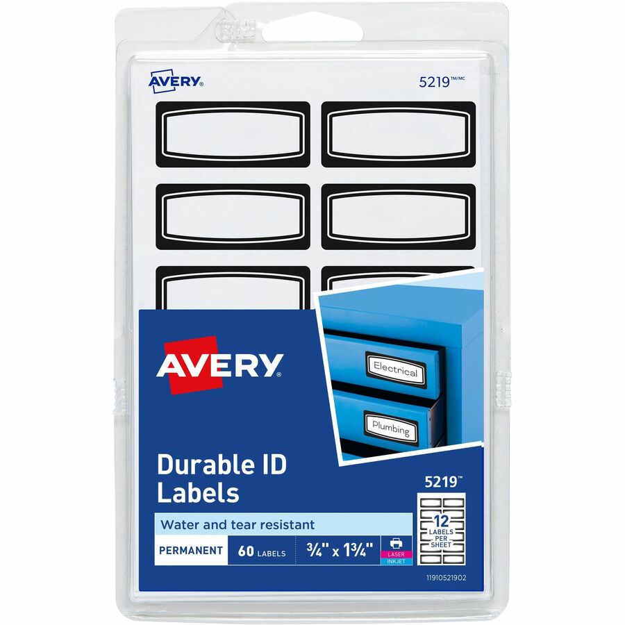 Avery&reg, Durable Labels, 3/4" x 1-3/4" , Black Border, 60 Total (5219) - 3/4" Height x 1 3/4" Width - Permanent Adhesive - Rectangle - Matte - White - Film - Water Resistant - 12 / Sheet - 5 Total Sheets - 1080 Total Label(s) - 60/Pack - 18 / Carton