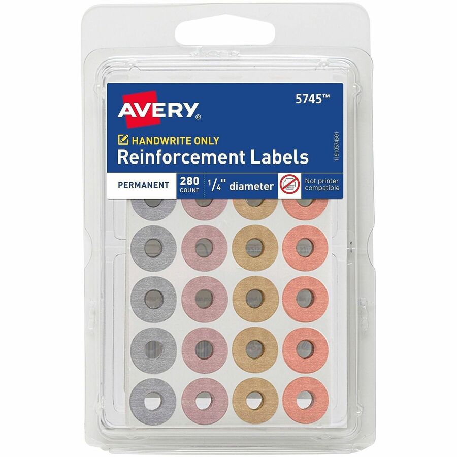 Avery&reg, Reinforcement Stickers, 1/4" , Metallic, 280 Total (5745) - 0.3" Diameter - Round - Assorted Metallic - Paper - 280/Pack - 1 Carton