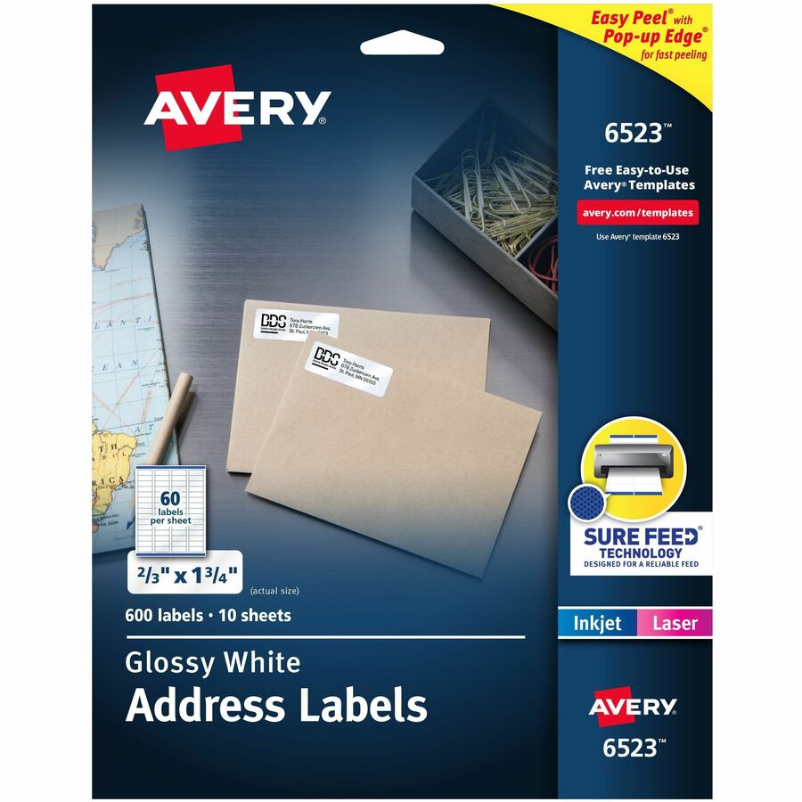 Avery&reg, Address Labels, Glossy White, 2/3" x 1-3/4" , 600 Total (6523) - 2/3" Height x 1 3/4" Width - Permanent Adhesive - Rectangle - Laser, Inkjet - Glossy - White - Paper - 60 / Sheet - 10 Total Sheets - 600 Total Label(s) - 1 Carton