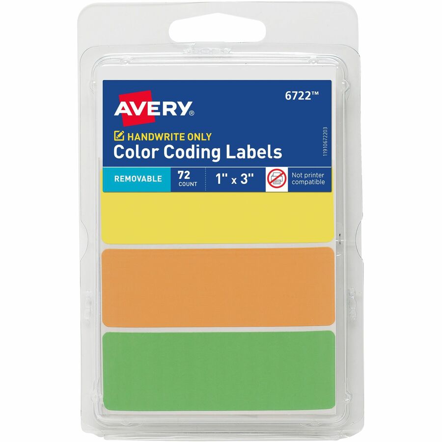 Avery&reg, Rectangular Removable Color Coding Labels on Small Sheets - 1" Height x 1" Width x 3" Length - Removable Adhesive - Rectangle - Matte - Neon Yellow, Neon Orange, Neon Green - Paper - 3 / Sheet - 24 Total Sheets - 72 Total Label(s) - 1 Carton