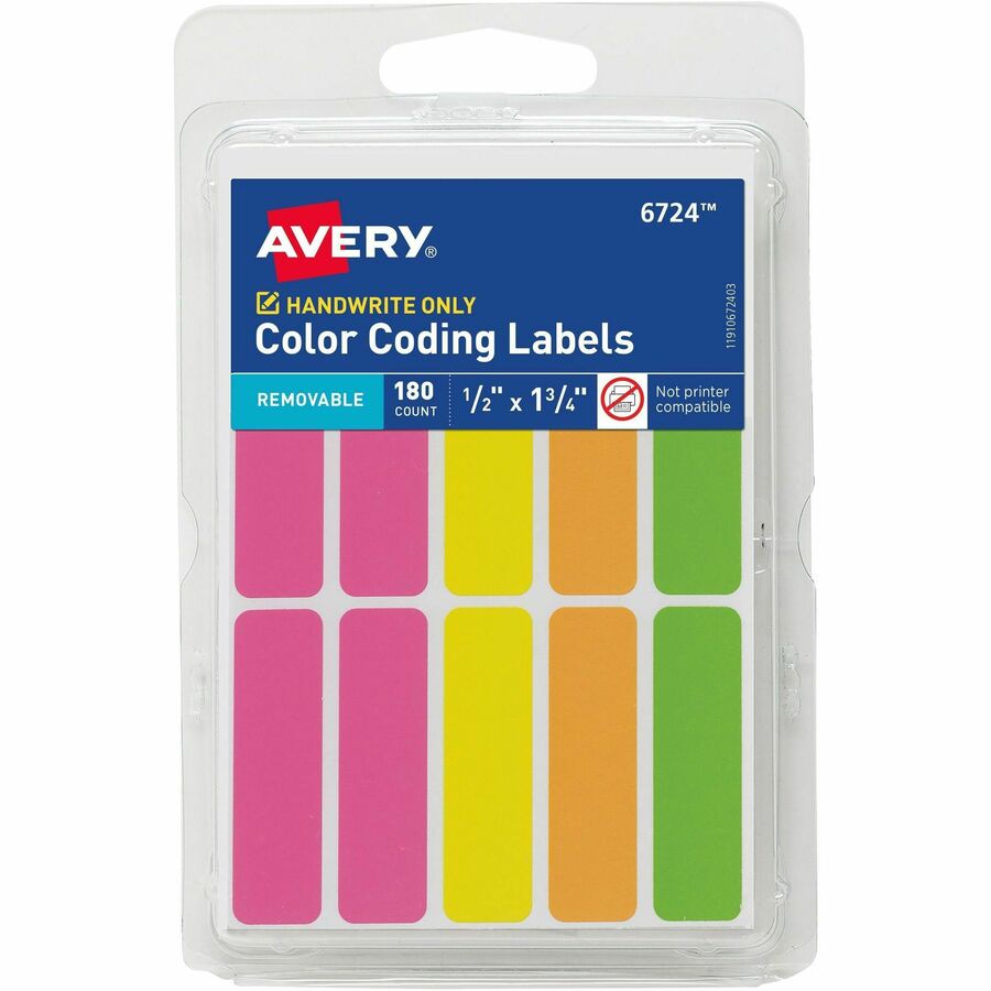 Avery&reg, Rectangular Removable Color Coding Labels on Small Sheets - 1/2" Height x 1/2" Width x 1 3/4" Length - Removable Adhesive - Rectangle - Neon Pink, Neon Yellow, Neon Orange, Neon Green - Paper - 10 / Sheet - 18 Total Sheets - 180 Total Label(...