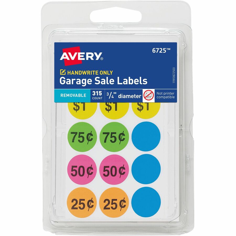 Avery&reg, Garage Sale Labels on Small Sheets - 3/4" Diameter - Removable Adhesive - Round - Matte - Neon Blue, Neon Green, Neon Orange, Neon Pink, Neon Yellow, Assorted - Paper - 15 / Sheet - 21 Total Sheets - 11340 Total Label(s) - 315/Pack - 1 Carton