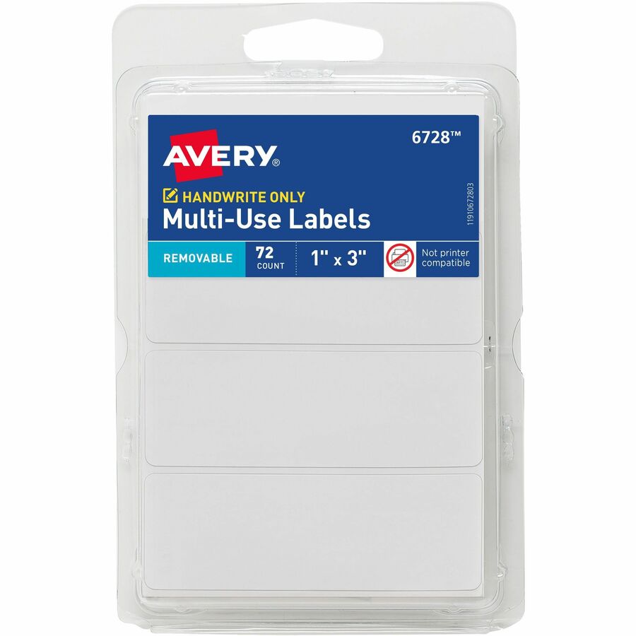 Avery&reg, Removable Multi-Use ID Labels on Small Sheets - Handwrite Only - 1" Height x 3" Width - Removable Adhesive - Rectangle - White - Paper - 3 / Sheet - 24 Total Sheets - 2592 Total Label(s) - 72/Pack - 1 Carton