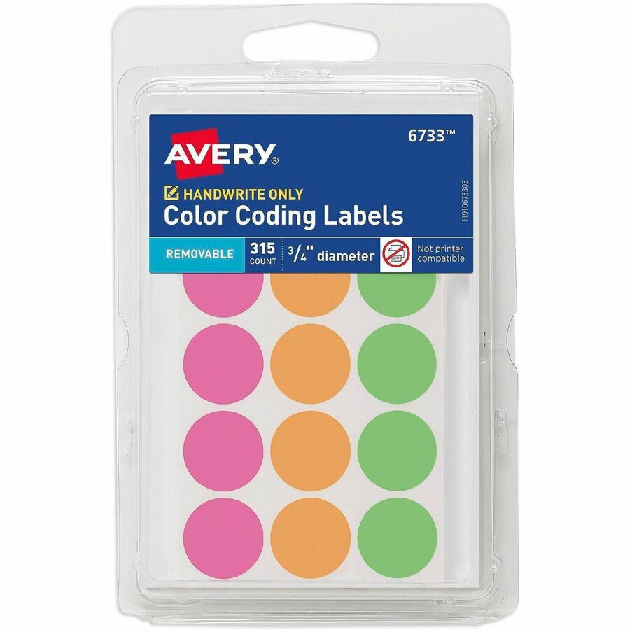 Avery&reg, 3/4" Round Removable Color Coding Labels - Handwrite Only - 3/4" Diameter - Removable Adhesive - Round - Neon Pink, Neon Orange, Neon Green, Assorted - Paper - 15 / Sheet - 21 Total Sheets - 315 Total Label(s) - 315/Pack - 1 Carton