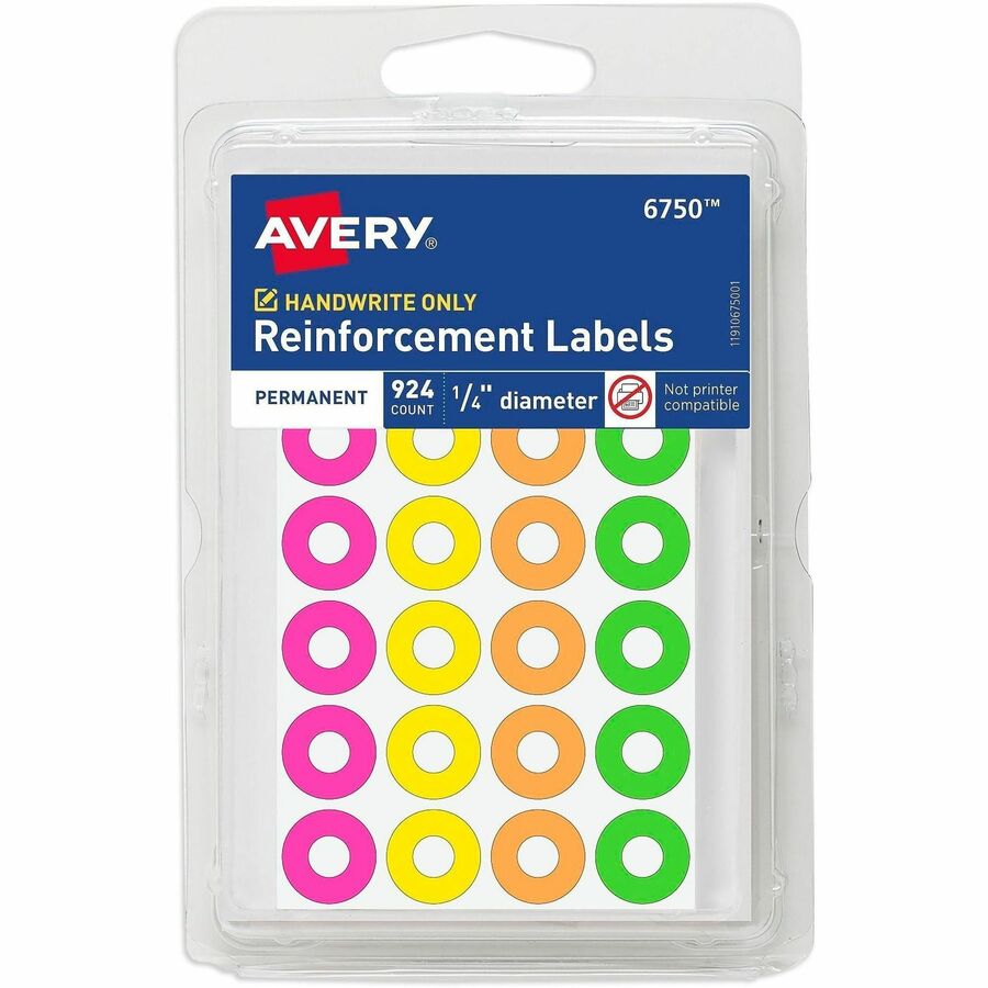 Avery&reg, Reinforcement Stickers, 1/4" , Neon, 924 Total (6750) - 0.3" Diameter - 3 x Holes - Round - Assorted - Paper - 924/Pack - 1 Carton