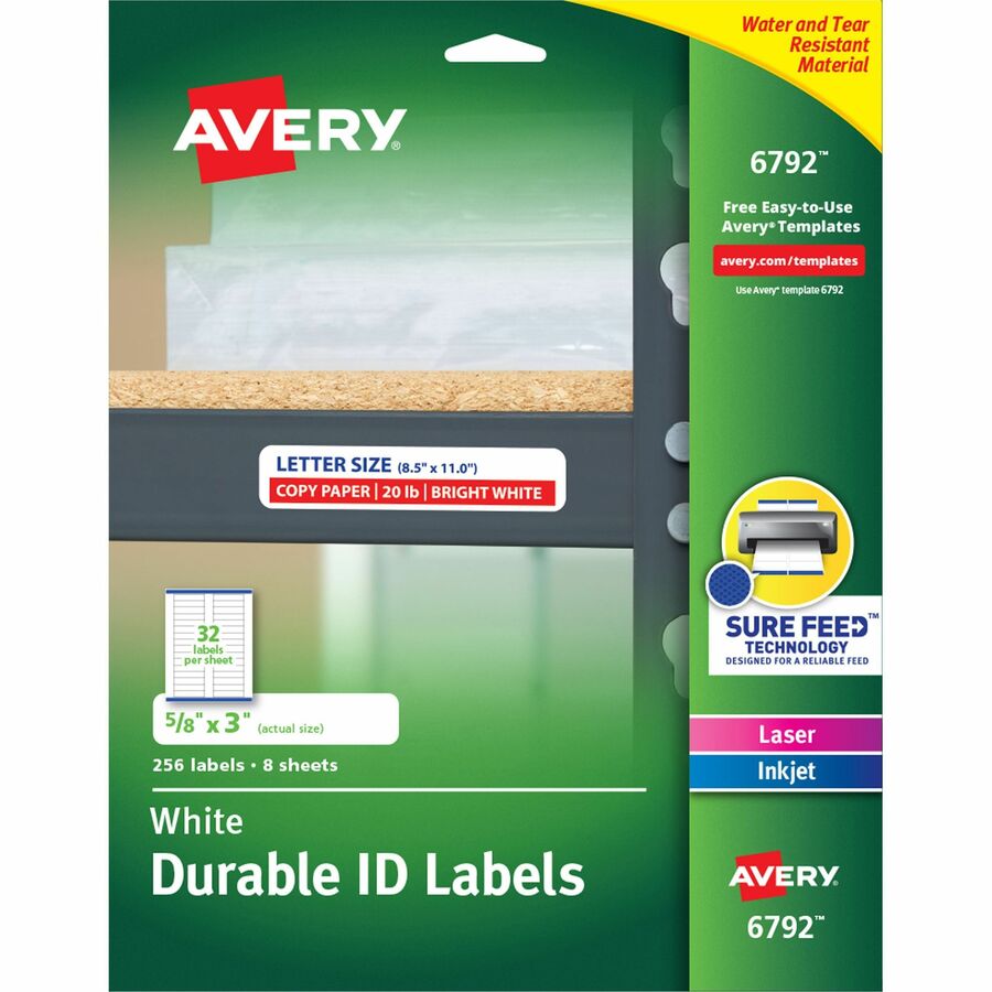 Avery&reg, Permanent Durable ID Labels with Sure Feed(R) Technology - 5/8" Height x 3" Width x 3" Length - Permanent Adhesive - Rectangle - Laser, Inkjet - Matte - White - Film - Water Resistant - 32 / Sheet - 8 Total Sheets - 1280 Total Label(s) - 1 C...