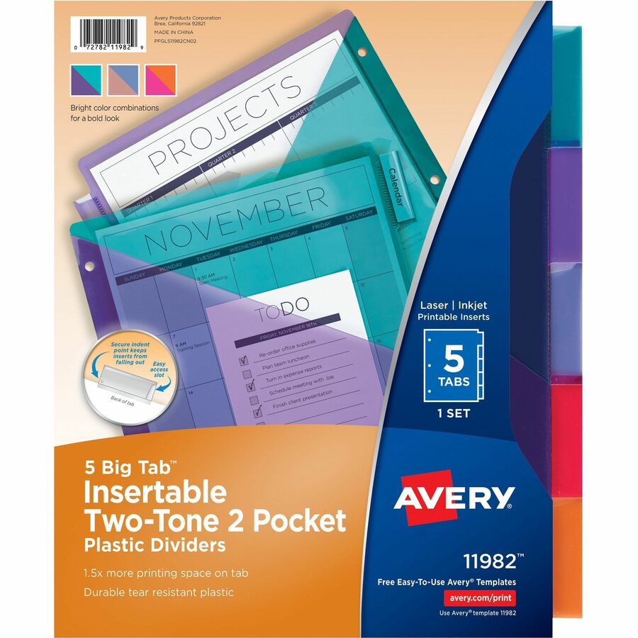 Avery&reg, Big Tab Tab Divider - 5 x Divider(s) - 5 - 5 Tab(s)/Set - 9.3" Divider Width x 11.25" Divider Length - Letter - 8.50" Width x 11" Length - 3 Hole Punched - Multicolor Plastic Divider - Multicolor Plastic Tab(s) - PVC-free, Hole-punched, Inse...