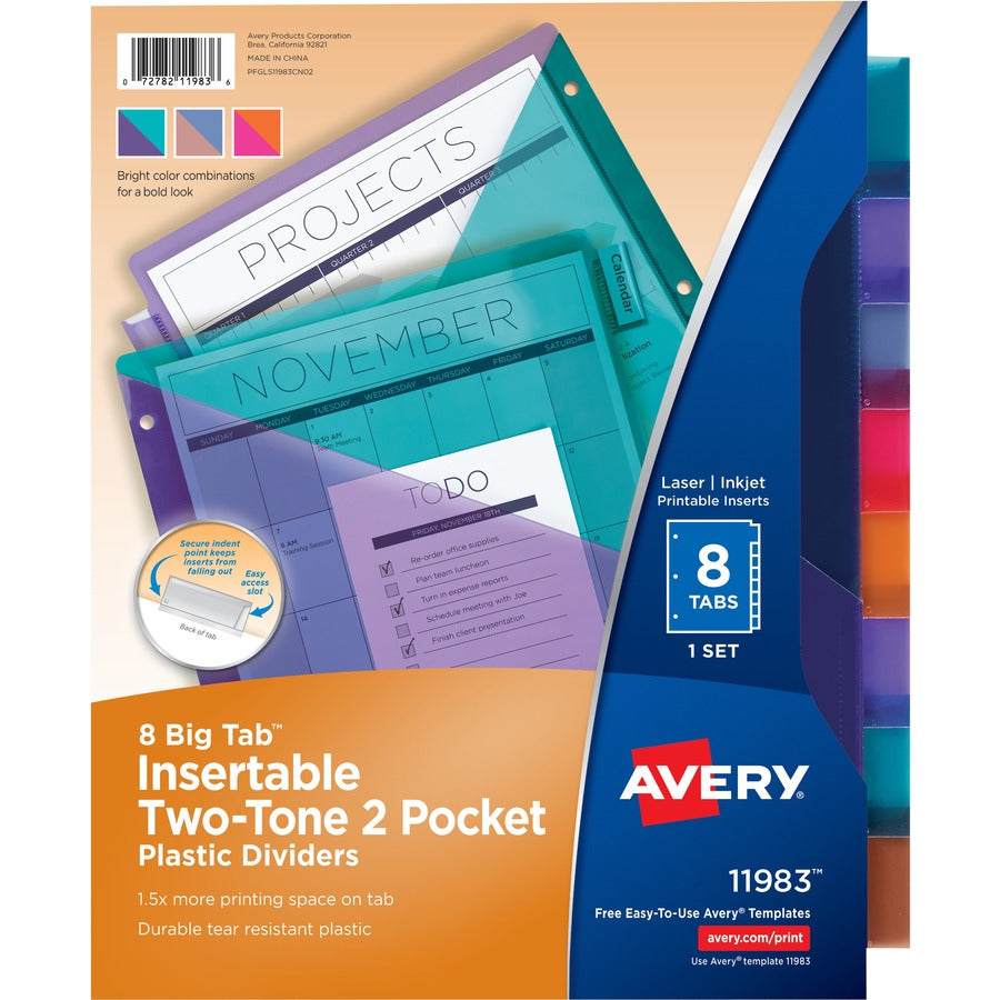 Avery&reg, Big Tab Tab Divider - 8 x Divider(s) - 8 - 8 Tab(s)/Set - 9.3" Divider Width x 11.25" Divider Length - Letter - 8.50" Width x 11" Length - 3 Hole Punched - Multicolor Plastic Divider - Multicolor Plastic Tab(s) - PVC-free, Hole-punched, Inse...