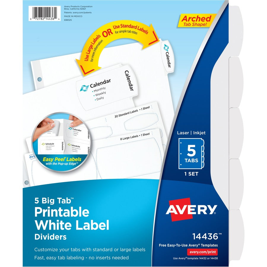 Avery&reg, Big Tab Printable White Label Dividers - 5 x Divider(s) - 5 - 5 Tab(s)/Set - 8.5" Divider Width x 11" Divider Length - 3 Hole Punched - White Paper Divider - White Paper Tab(s) - 0% - Hole-punched, Printable, Customizable - 36 / Carton