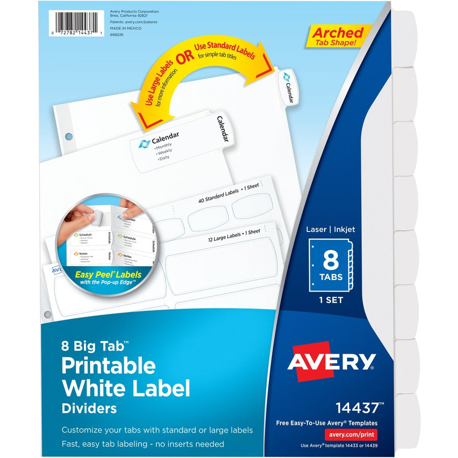 Avery&reg, Big Tab Printable White Label Dividers - 8 x Divider(s) - 8 - 8 Tab(s)/Set - 8.5" Divider Width x 11" Divider Length - 3 Hole Punched - White Paper Divider - White Paper Tab(s) - 0% - Hole-punched, Printable, Customizable - 36 / Carton