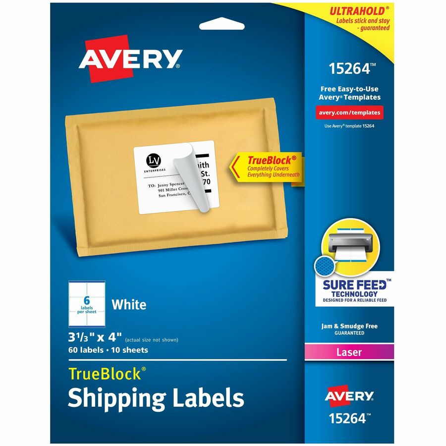 Avery&reg, Shipping Labels, Sure Feed, 3-1/3" x 4" , 60 White Labels (15264) - 3 21/64" Widthss x 4" Length - Permanent Adhesive - Rectangle - Inkjet, Laser - Matte - White - Paper - 6 / Sheet - 10 Total Sheets - 60 Total Label(s) - 60/Pack - 1 Carton
