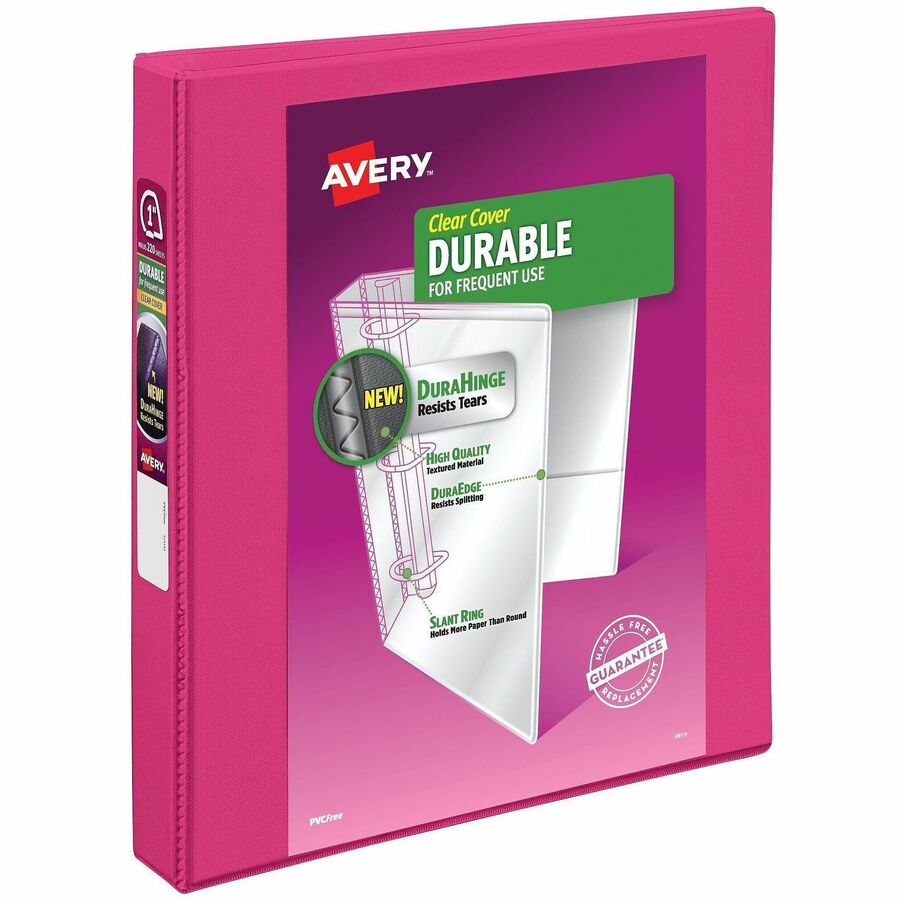 Avery&reg, Durable View 3 Ring Binder, 1" Slant Rings, 1 Pink Binder (17830) - 1" Binder Capacity - Letter - 8 1/2" x 11" Sheet Size - 250 Sheet Capacity - 250 Ring - Fastener: Slant Ring - Pocket: 2 - Polypropylene - Recycled - Adhesive, Customizable...