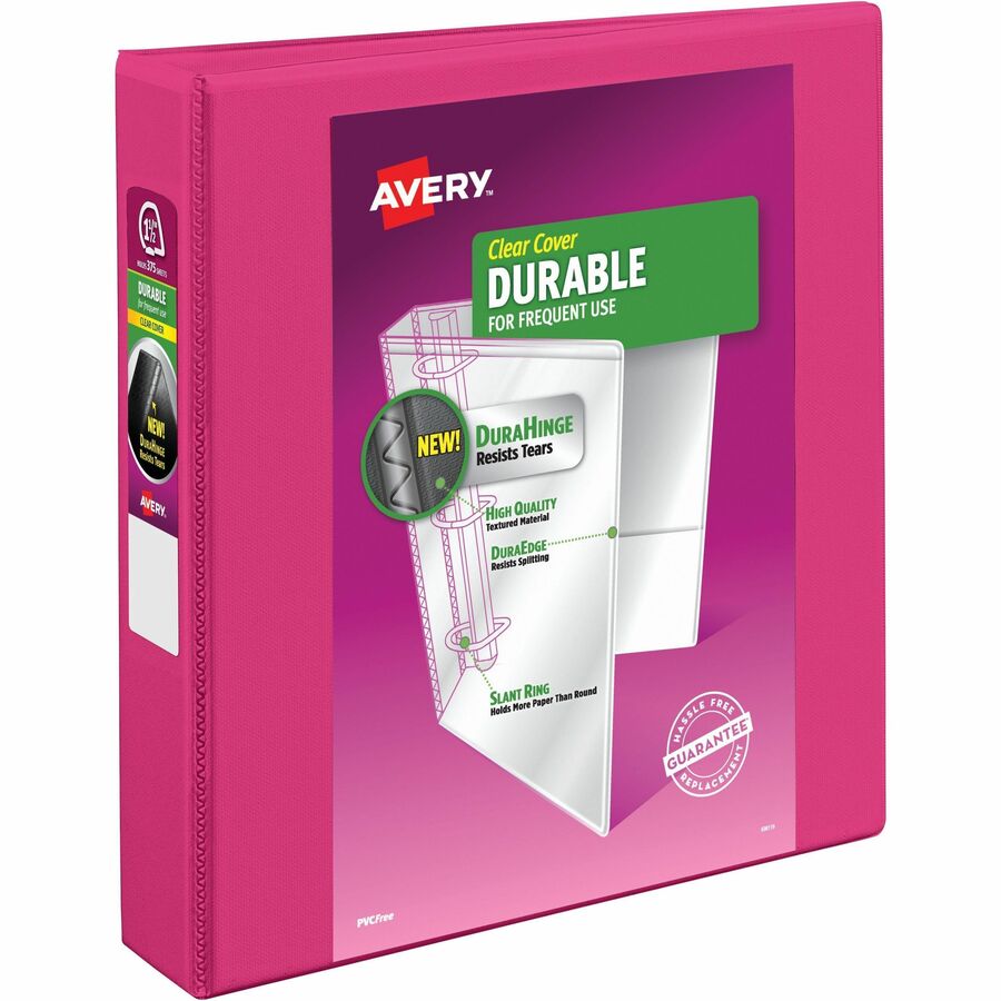 Avery&reg, Durable View 3 Ring Binder, 1.5" Slant Rings, 1 Pink Binder (17833) - 1 1/2" Binder Capacity - Letter - 8 1/2" x 11" Sheet Size - 375 Sheet Capacity - 375 Ring - Fastener: Slant Ring - Pocket: 2 - Polypropylene - Adhesive, Durable, Flexible...