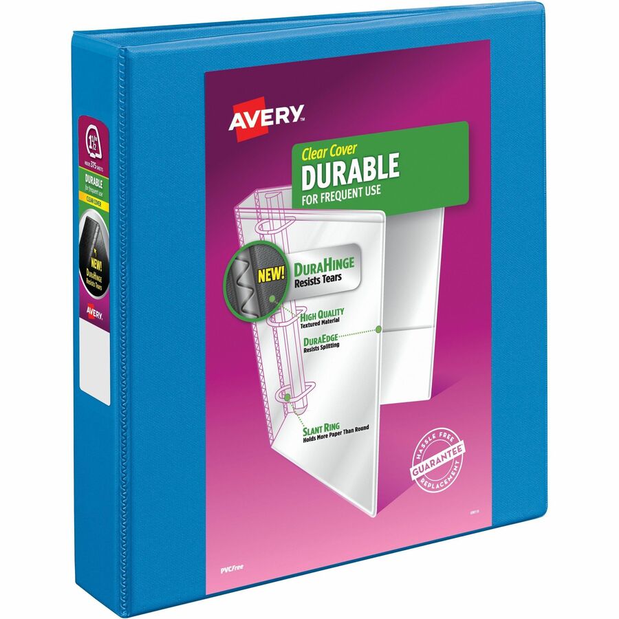 Avery&reg, Durable View 3 Ring Binder, 1.5" Slant Rings, 1 Blue Binder (17834) - 1 1/2" Binder Capacity - Letter - 8 1/2" x 11" Sheet Size - 375 Sheet Capacity - 375 Ring - Fastener: Slant Ring - Pocket: 2, Internal - Polypropylene - Pool Blue - Adhesi...