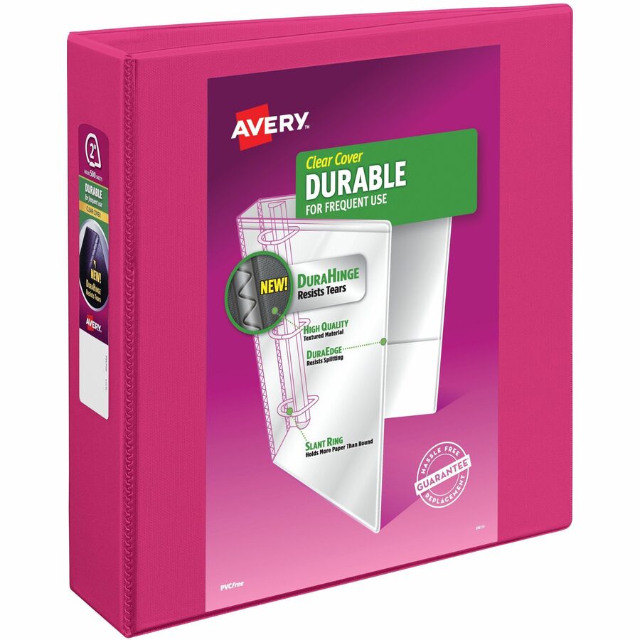 Avery&reg, Durable View 3 Ring Binder, 2" Slant Rings, 1 Pink Binder (17836) - 2" Binder Capacity - Letter - 8 1/2" x 11" Sheet Size - 530 Sheet Capacity - 530 Ring - Fastener: Slant Ring - Pocket: 2 - Polypropylene - Adhesive, Durable, Flexible, Pocke...