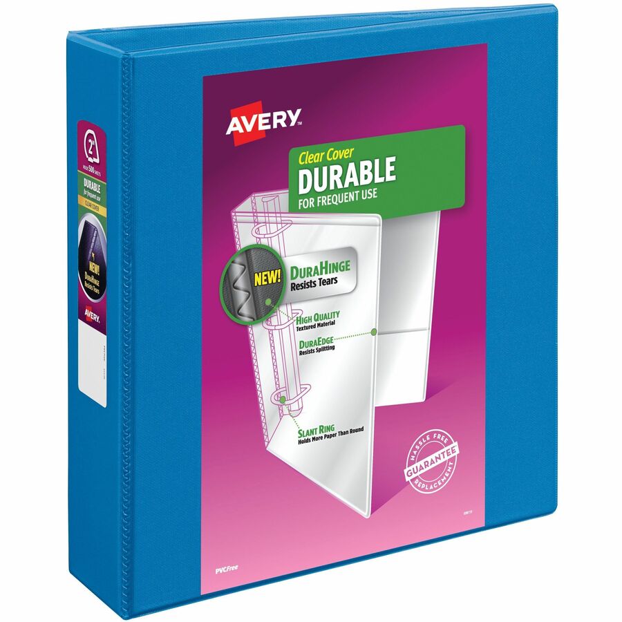 Avery&reg, Durable View 3 Ring Binder, 2 Inch Slant Rings, 1 Pool Blue Binder (17837) - 2" Binder Capacity - Letter - 8 1/2" x 11" Sheet Size - 530 Sheet Capacity - 530 Ring - Fastener: Slant Ring - Pocket: 2 - Polypropylene - Pool Blue - Adhesive, Dur...
