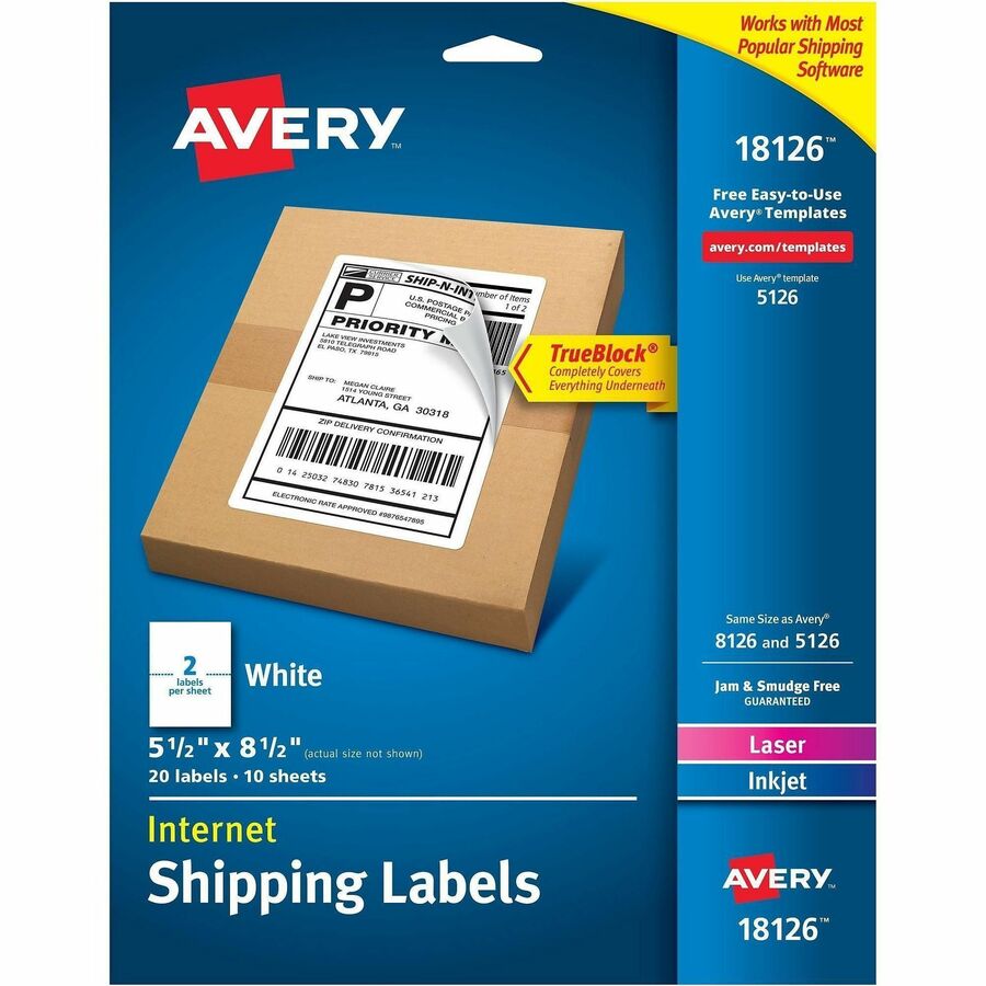 Avery&reg, Internet Shipping Labels, 5-1/2" x 8-1/2" , 20 Labels (18126) - x 5 1/2" Width x 8 1/2" Length - Permanent Adhesive - Rectangle - Laser, Inkjet - Matte - White - Paper - 2 / Sheet - 10 Total Sheets - 20 Total Label(s) - For Label Printer - 1...