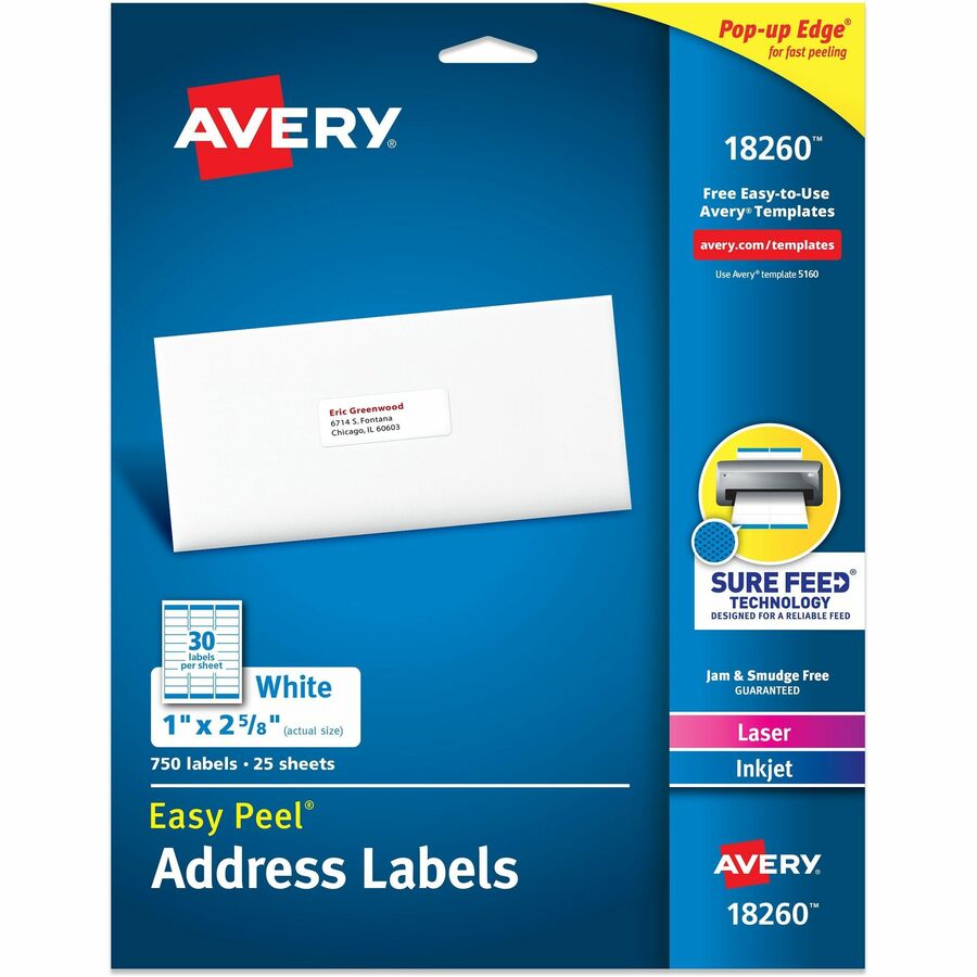 Avery&reg, Easy Peal Sure Feed Address Labels - 1" Widthss x 2 5/8" Length - Permanent Adhesive - Rectangle - Inkjet, Laser - Matte White - Matte - Paper - 30 / Sheet - 30 Total Sheets - 750 Total Label(s) - 750/Pack - 5 / Carton