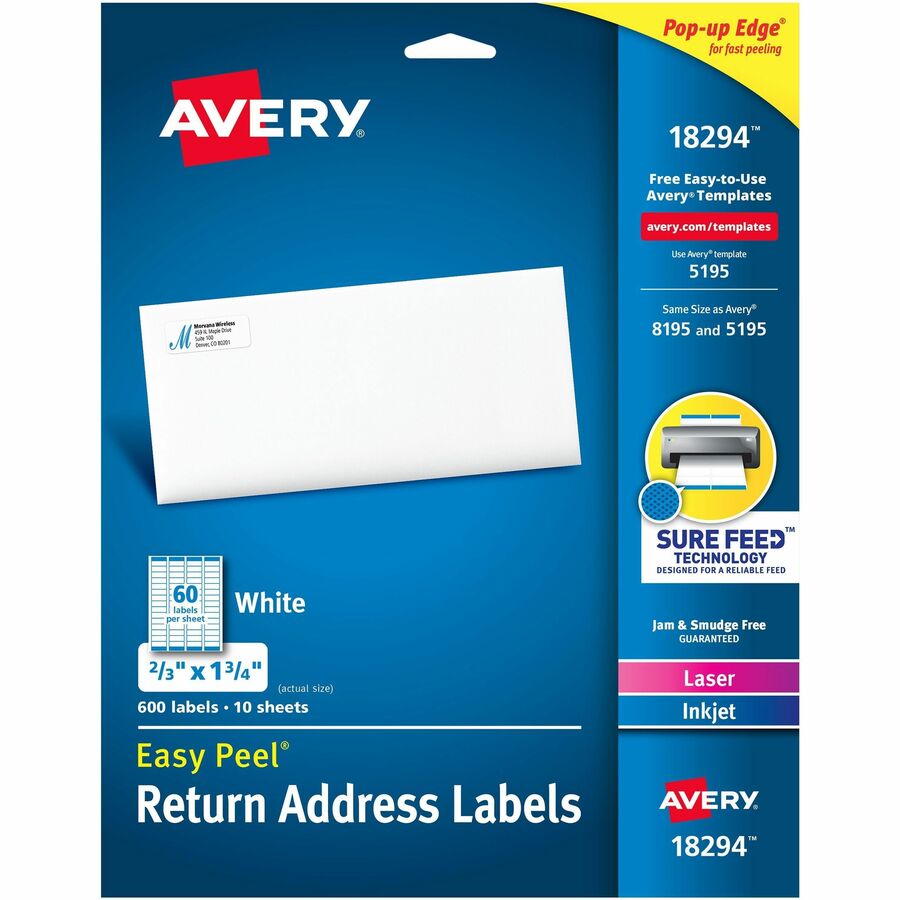 Avery&reg, Easy Peel Address Labels, 2/3" x 1-3/4" , 600 Labels (18294) - x 21/32" Width x 1 3/4" Length - Permanent Adhesive - Rectangle - Inkjet, Laser - Matte - White - Paper - 60 / Sheet - 10 Total Sheets - 600 Total Label(s) - For Label Printer...
