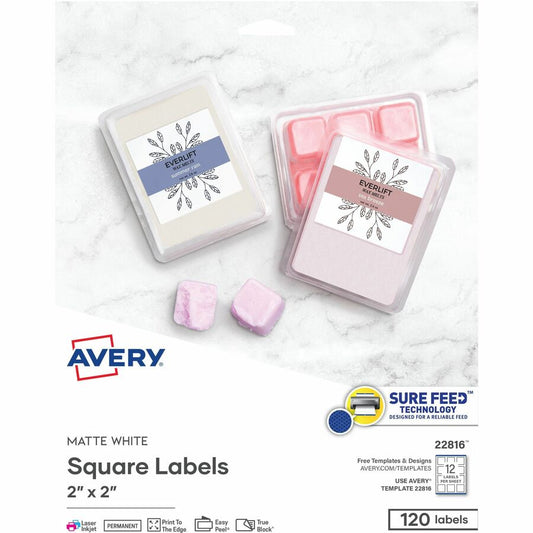 Avery, Print-to-the-Edge Easy Peel Square Labels - - HeightPermanent Adhesive - Square - Laser, Inkjet - Matte - Matte White - Paper - 12 / Sheet - 50 Total Sheets - 600 Total Label(s) - 120/Pack - 1 Carton
