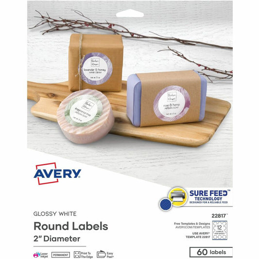 Avery, Printable Round Labels , 2" , Glossy White, 60 Labels (22817) - x 2" Diameter - Permanent Adhesive - Round - Laser, Inkjet - Glossy - White - Paper - 12 / Sheet - 5 Total Sheets - 60 Total Label(s) - For Label Printer - 1 Carton