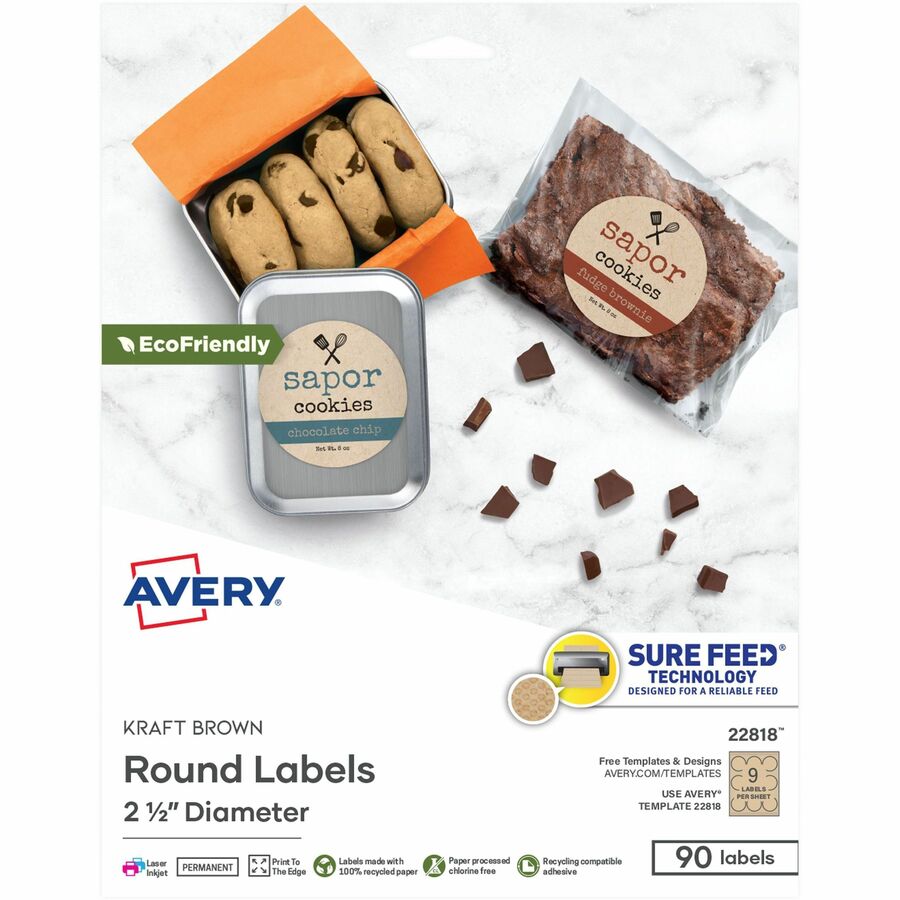 Avery&reg, Print-To-The-Edge Kraft Brown Labels - Waterproof - x 2 1/2" Diameter - Permanent Adhesive - Round - Inkjet, Laser - Matte Kraft Brown - Matte - Paper - 9 / Sheet - 9 Total Sheets - 90 Total Label(s) - 90/Pack - 1 Carton