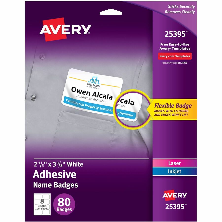 Avery&reg, Flexible Name Badges, 2-1/3" x 3-3/8" , Matte, 80ct (25395) - x 2 21/64" Width x 3 3/8" Length - Removable Adhesive - Rectangle - Inkjet, Laser - Matte - White - Film - 8 / Sheet - 10 Total Sheets - 80 Total Label(s) - For Label Printer - 1...