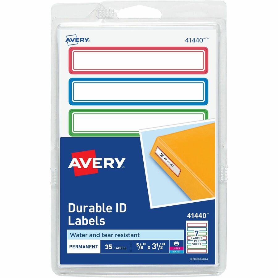 Avery&reg, Kids Gear Durable Labels - 5/8" Height x 5/8" Width x 3 1/2" Length - Permanent Adhesive - Rectangle - Inkjet, Laser - Matte - Matte - Blue, Green, Red Border - Film - 7 / Sheet - 7 Total Sheets - 35 Total Label(s) - 1 Carton