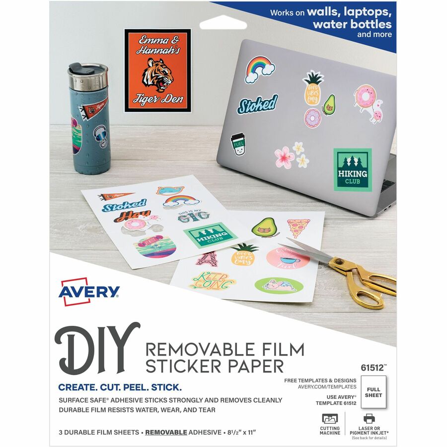 Avery&reg, Surface Safe Printable Decal Stickers - x 8 1/2" Width x 11" Length - Removable Adhesive - Rectangle - Inkjet, Laser - Matte - White - Film - Water Resistant - 1 / Sheet - 3 Total Sheets - 3 Total Label(s) - For Label Printer - 1 Carton