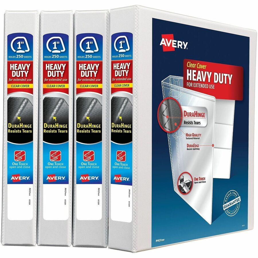 Avery Heavy-Duty View 3 Ring Binders, 1" One Touch Slant Rings, 4 White Binders (79780 - 1" Binder Capacity - Letter - 8 1/2" x 11" Sheet Size - 250 Sheet Capacity - 1 2/5" Spine Width - 3 x 1" Ring - Fastener: Slant Ring - Pocket: 4, Internal - Polypr...
