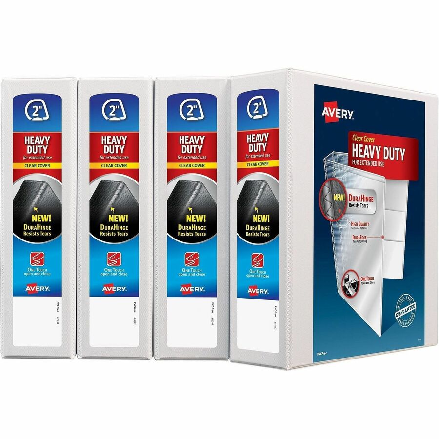 Avery&reg, Heavy-Duty View 3 Ring Binders, 2" One Touch Slant Rings, 4 White Binders (79790) - 2" Binder Capacity - Letter - 8 1/2" x 11" Sheet Size - 530 Sheet Capacity - 530 Ring - Fastener: Slant Ring - Pocket: 4 - Polypropylene - Adhesive, Archival...