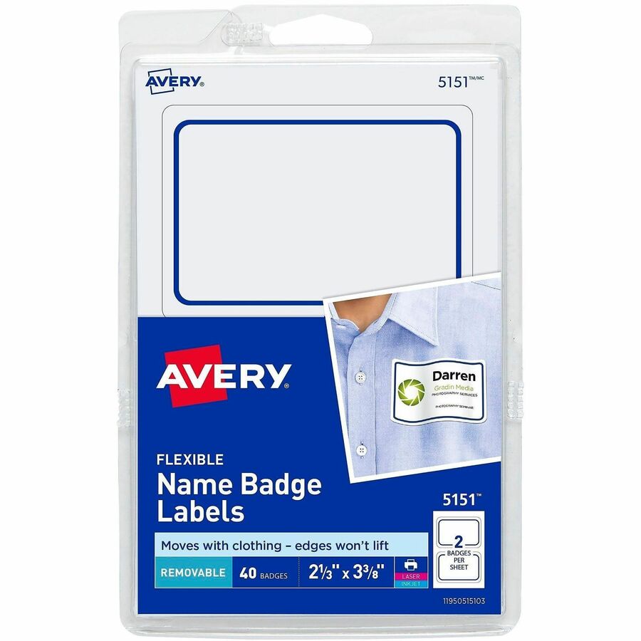 Avery&reg, Flexible Name Badge Labels - 2 1/3" Height x 3 3/8" Width - Removable Adhesive - Rectangle - Laser, Inkjet - Matte - White - Blue Border - Film - 2 / Sheet - 20 Total Sheets - 720 Total Label(s) - 40/Pack - 18 / Carton