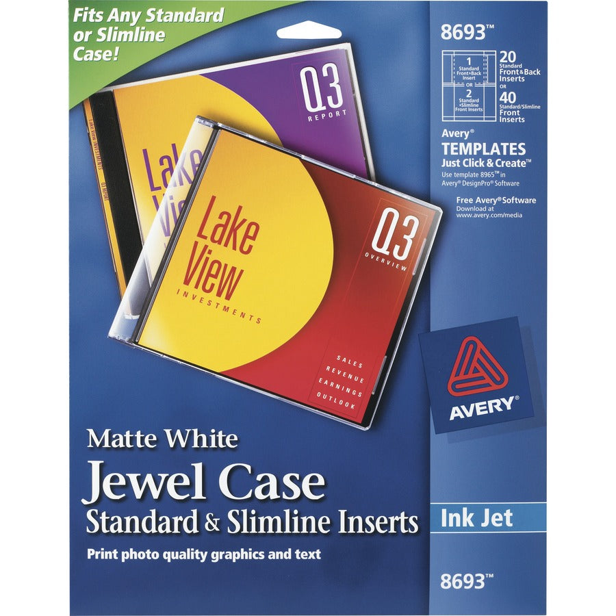 Avery&reg, Jewel Case Insert - Matte - Print-to-the-edge - White - 200/Pack - 5 / Carton