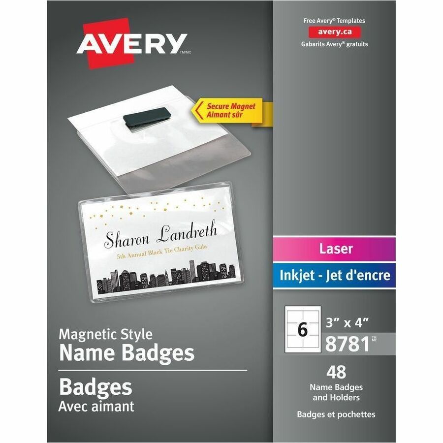 Avery&reg, Name Badges - 4" Width x 3" Height - Rectangular Shape - Magnetic, Printable, Top Loading, Built-in Magnet, Reusable, Durable - Event, Seminar - Plastic - Clear, White - 1 Carton