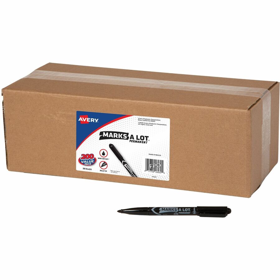Avery&reg, Marks-A-Lot Value Pack Pen-Style Permanent Markers - Bold Bullet Marker Point - Black Ink - Metal, Plastic, Warehouse, Classroom, Office - 200 / Carton