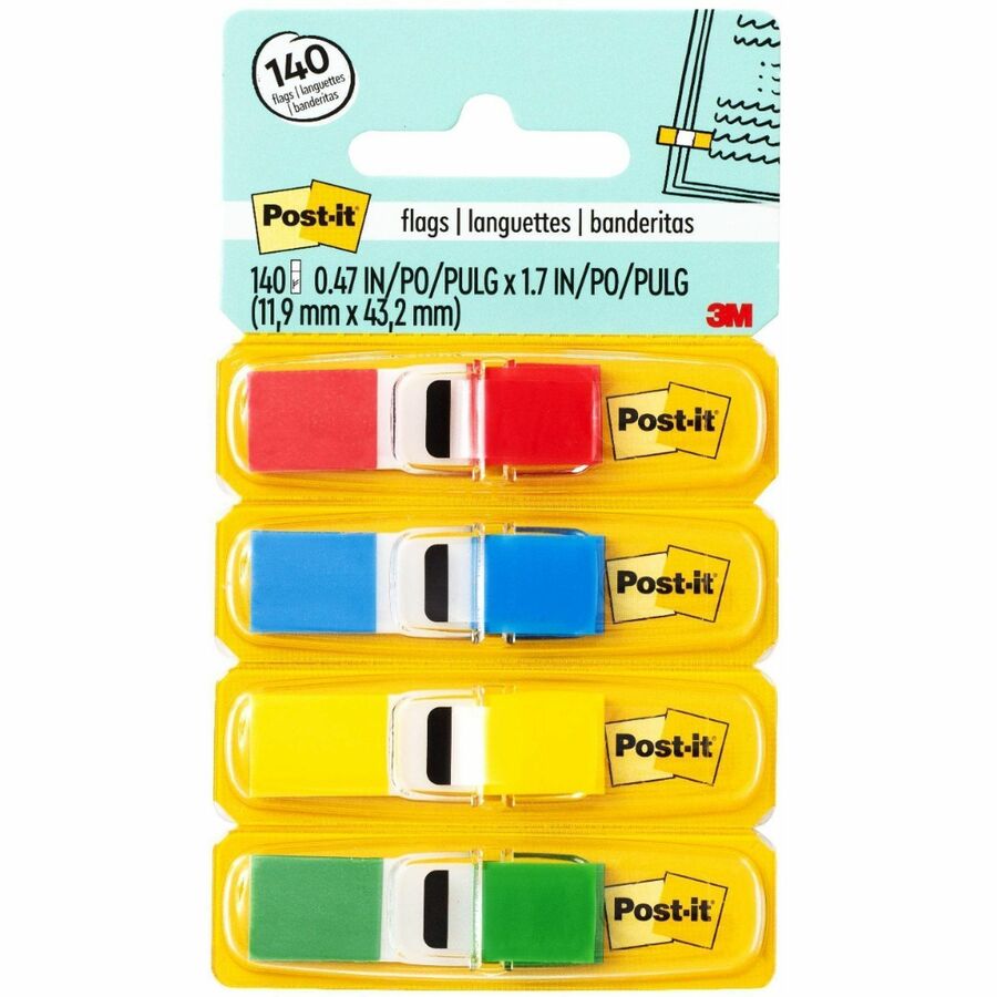 Post-it&reg, Flags - 35 x Blue, 35 x Green, 35 x Red, 35 x Yellow - 1/2" Flag/Note Width x 1 3/4" Flag/Note Length - Rectangle - Unruled - Red, Blue, Green, Yellow, Assorted - Removable, Self-adhesive - Dispenser Included - 140 / Pack