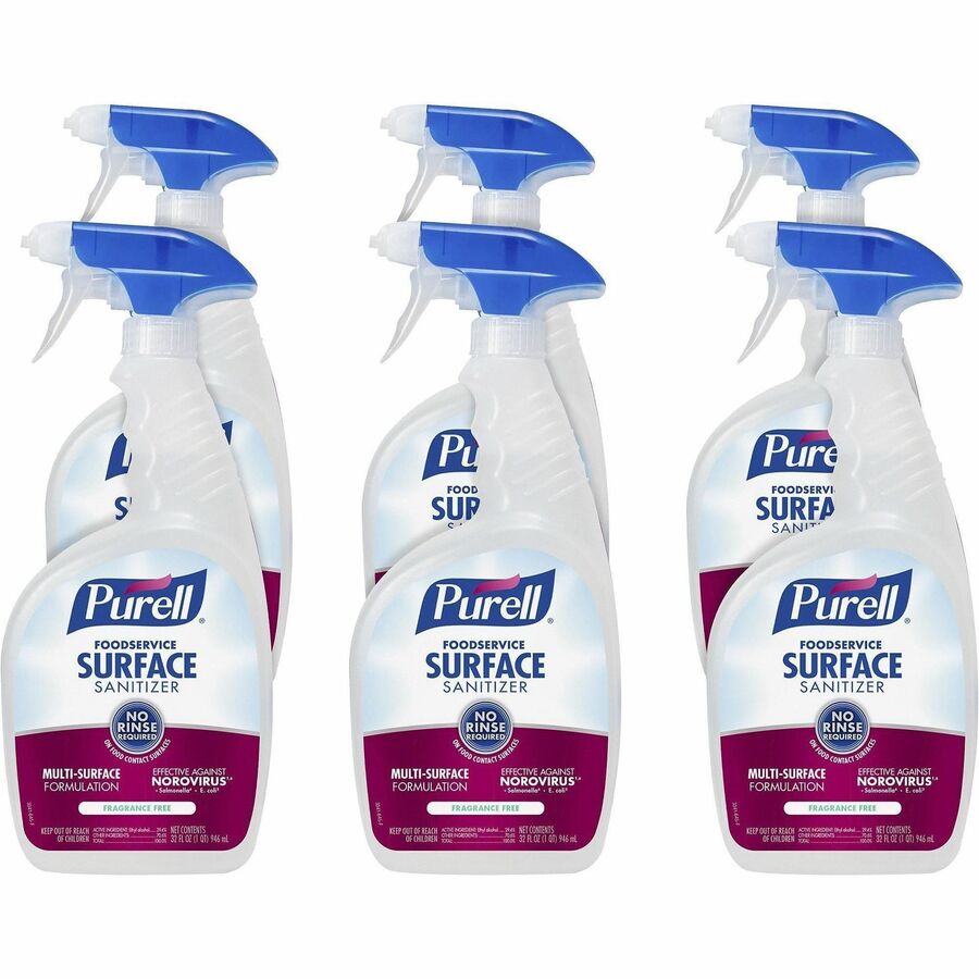 PURELL&reg, Foodservice Surface Sanitizer - For Hard Surface, Soft Surface, Food Service - Spray - 32 fl oz (1 quart) - Recommended For: Coronavirus, Virus Remover - Rinse-free, Fragrance-free - Clear Spray Bottle - 6 / Carton