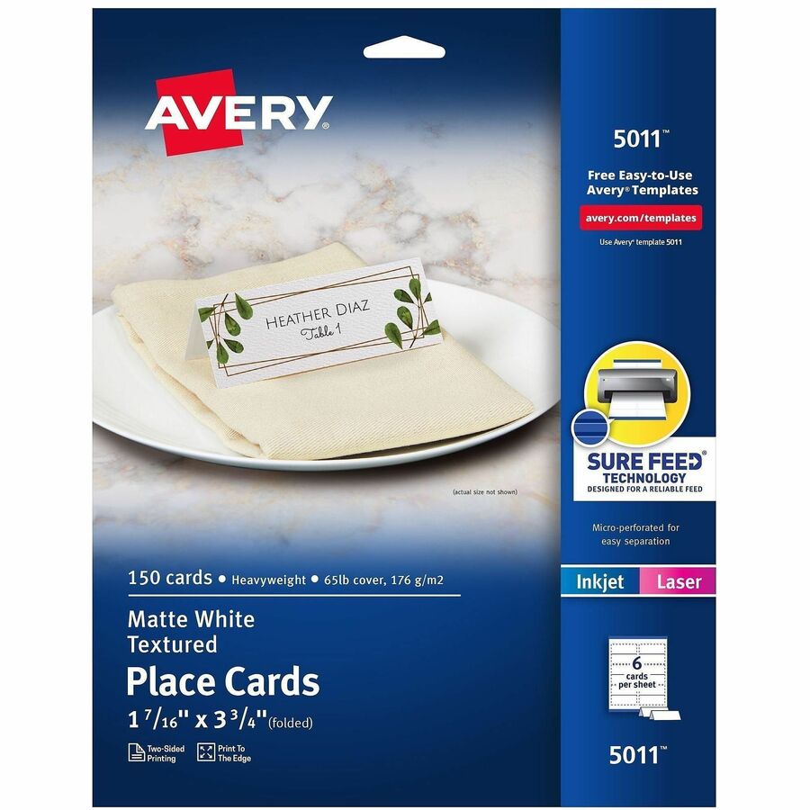 Avery&reg, Place Cards with Sure Feed - 1 7/16" x 3 3/4" - Matte - Double-sided, Foldable, Heavyweight, Textured, Perforated, Print-to-the-edge, Printable - White - 6 Sheets - 1 Carton